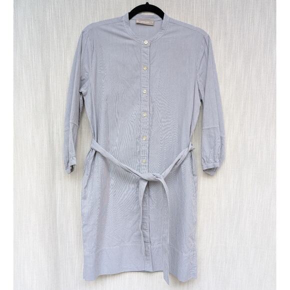Everlane Blue Striped Cotton Weave Collarless Shirt Belt Midi Dress, size 2 - Picture 2 of 9